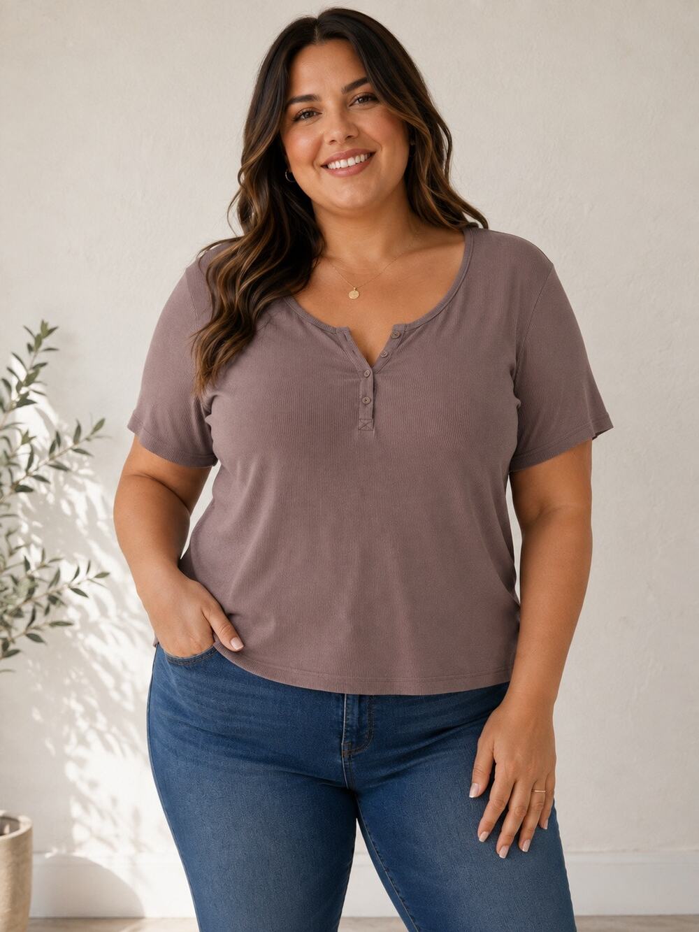 Pact Size XXL Ribbed Popover Top Blouse Purple Brown Organic Cotton Stretch